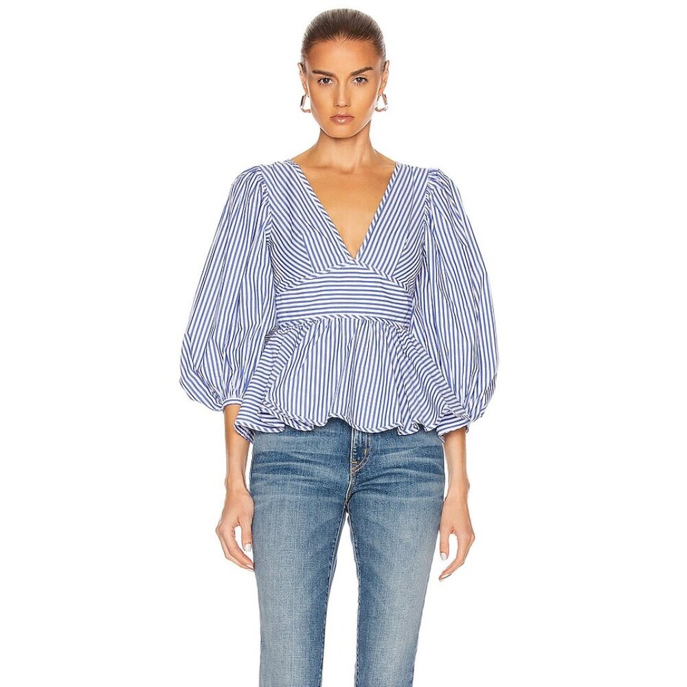 Staud Blue Striped Puff Sleeve Blouse
